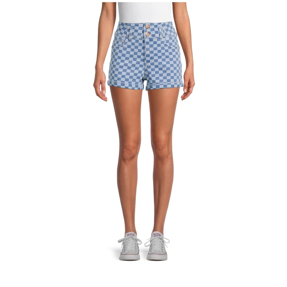 No Boundaries Junior’s High Waist Checkered Blue Denim Jean Shorts 9